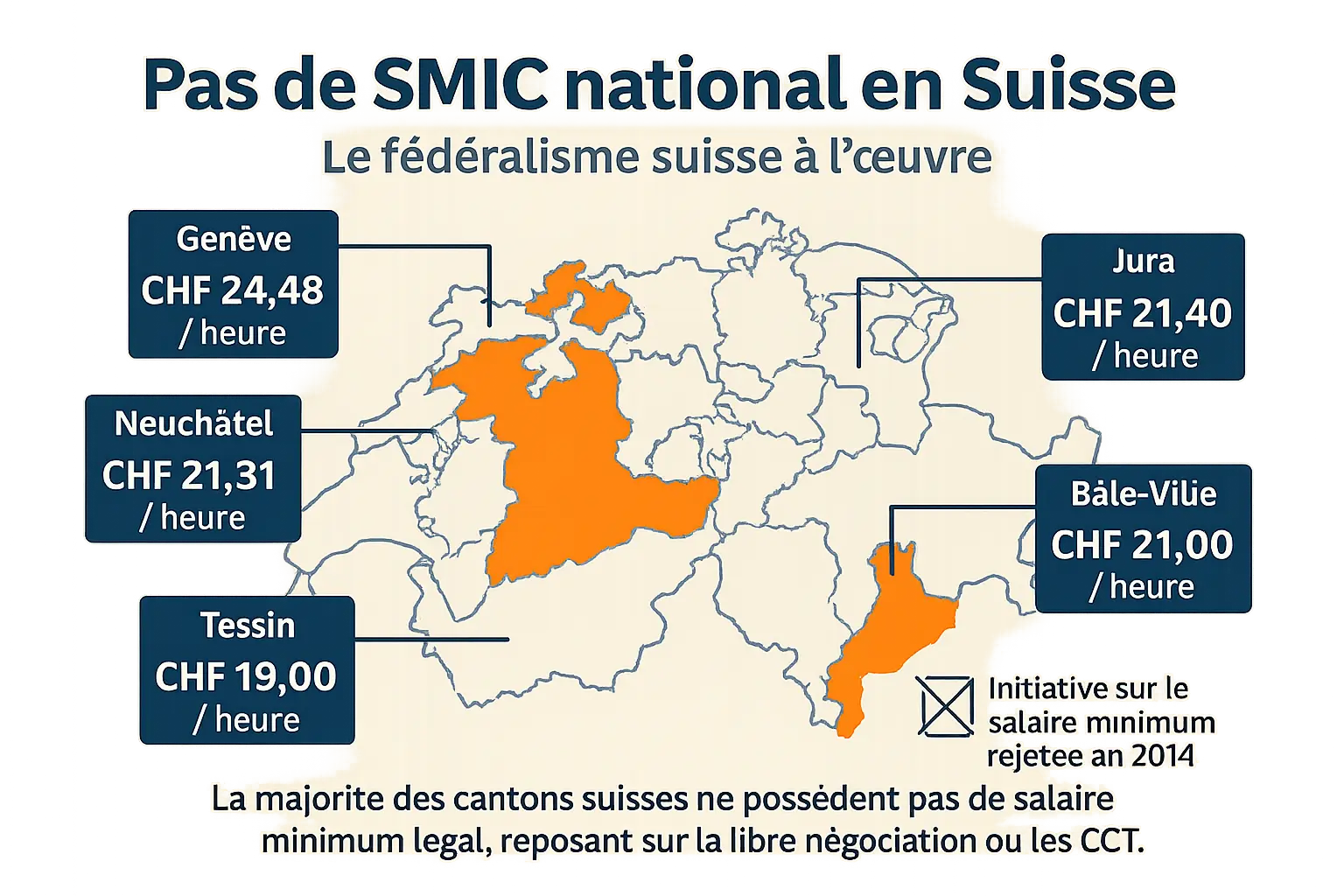 Carte des cantons suisses avec salaire minimum en 2025