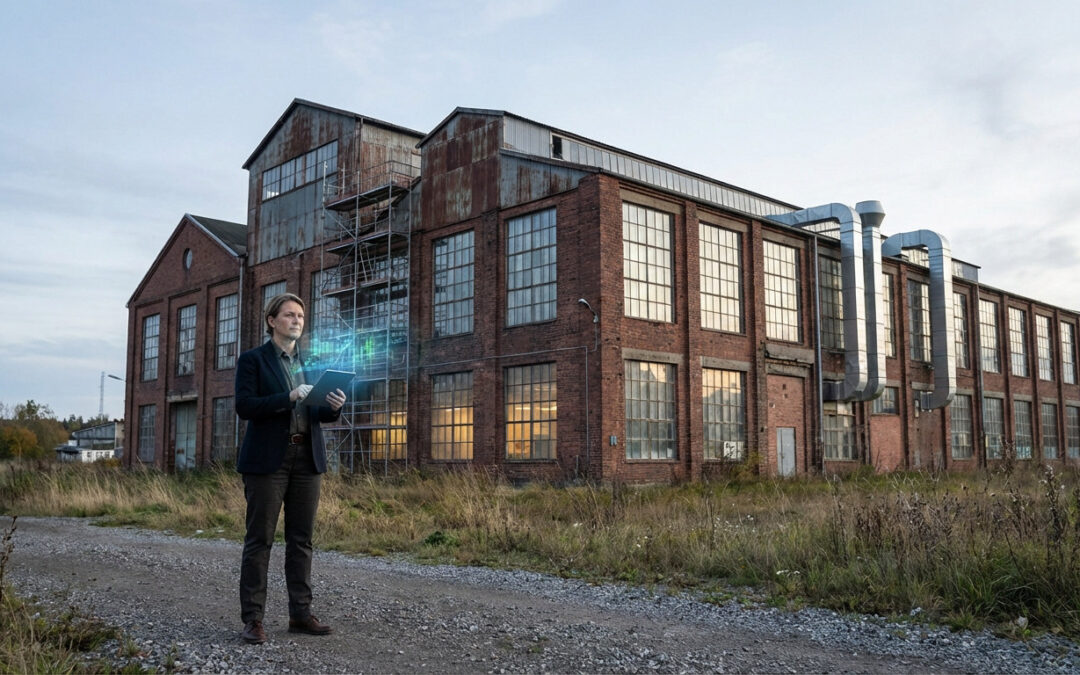 Individual with glowing data tablet stands before a large, aged brick factory, symbolizing modernization and industrial ambition.