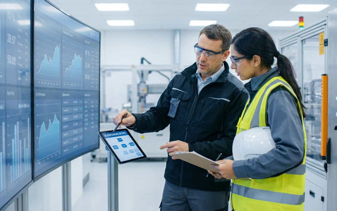 Deux professionnels en sécurité examinent des tableaux de bord de performance sur écrans et tablette dans un environnement industriel.