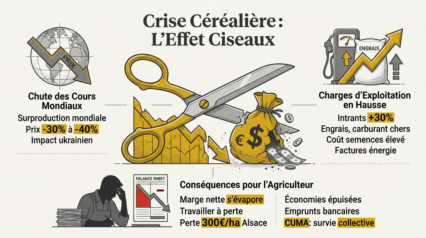 Graphique illustrant l'effet ciseaux entre la hausse des charges agricoles et la baisse du prix des céréales