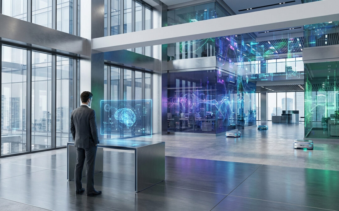 Un homme d'affaires observe un affichage holographique d'un cerveau dans un bureau futuriste avec des écrans de données et robots.