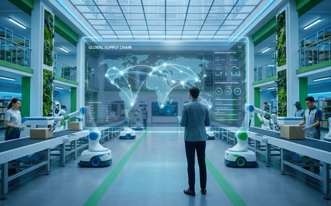 Homme visualisant la chaîne d'approvisionnement mondiale sur un écran holographique dans une usine automatisée avec robots et employés.