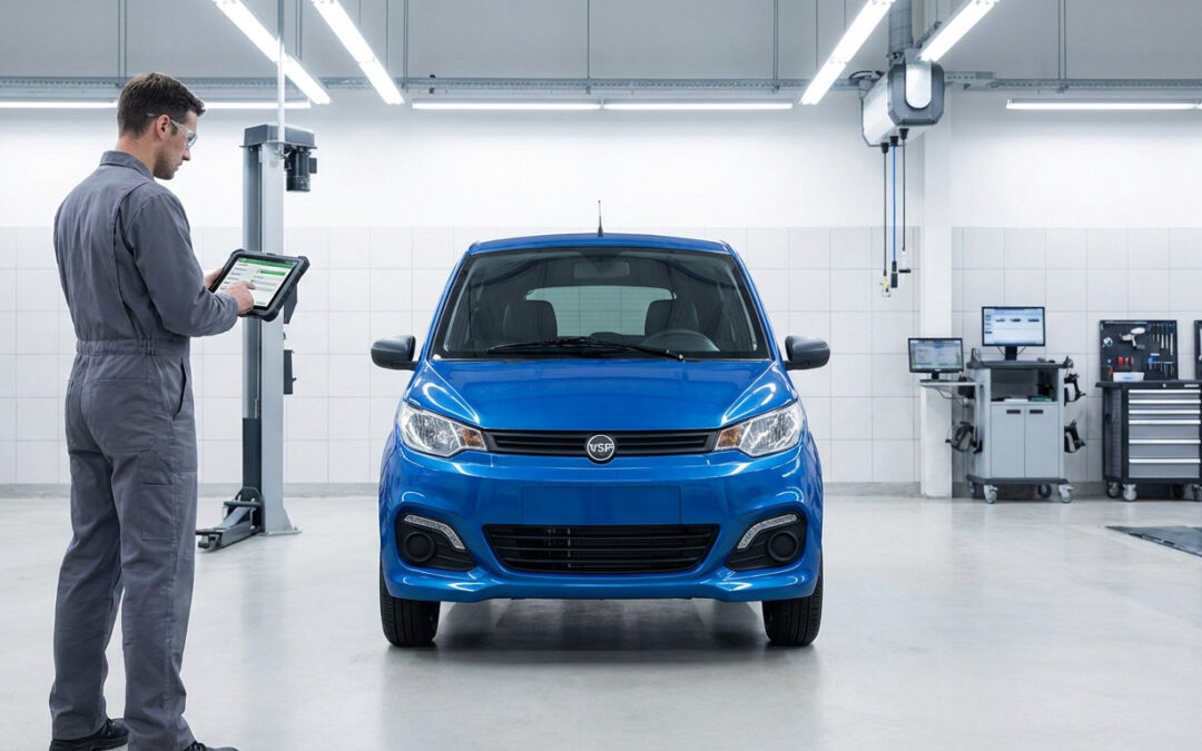 A technician in grey uniform uses a tablet next to a sleek blue VSP car in a brightly lit, modern inspection bay with diagnostic equipment.