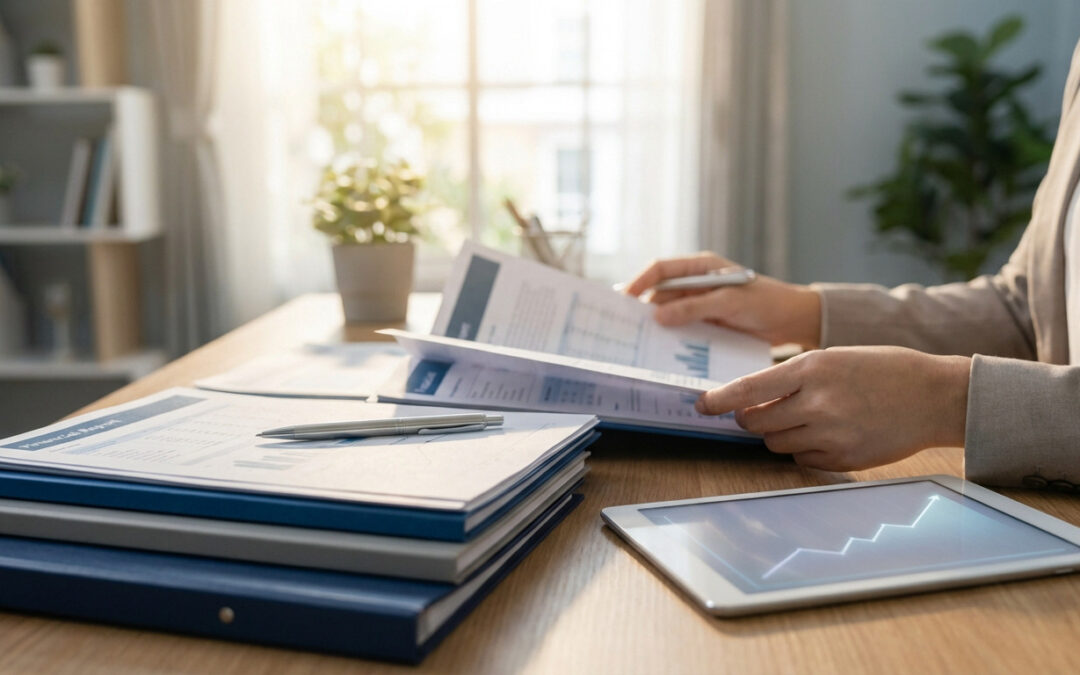 Hands review financial documents on a well-lit desk with a tablet showing an upward graph, symbolizing strategic wealth planning.