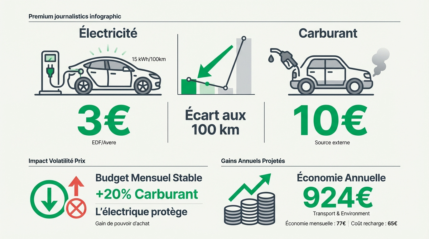 Comparaison graphique des coûts de recharge électrique face aux prix des carburants essence et diesel