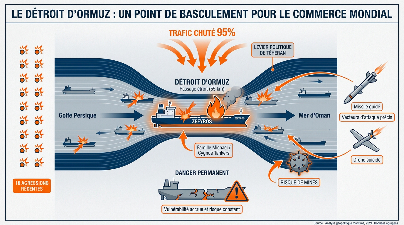 Navire de commerce naviguant dans les eaux stratégiques du détroit d'Ormuz sous haute tension
