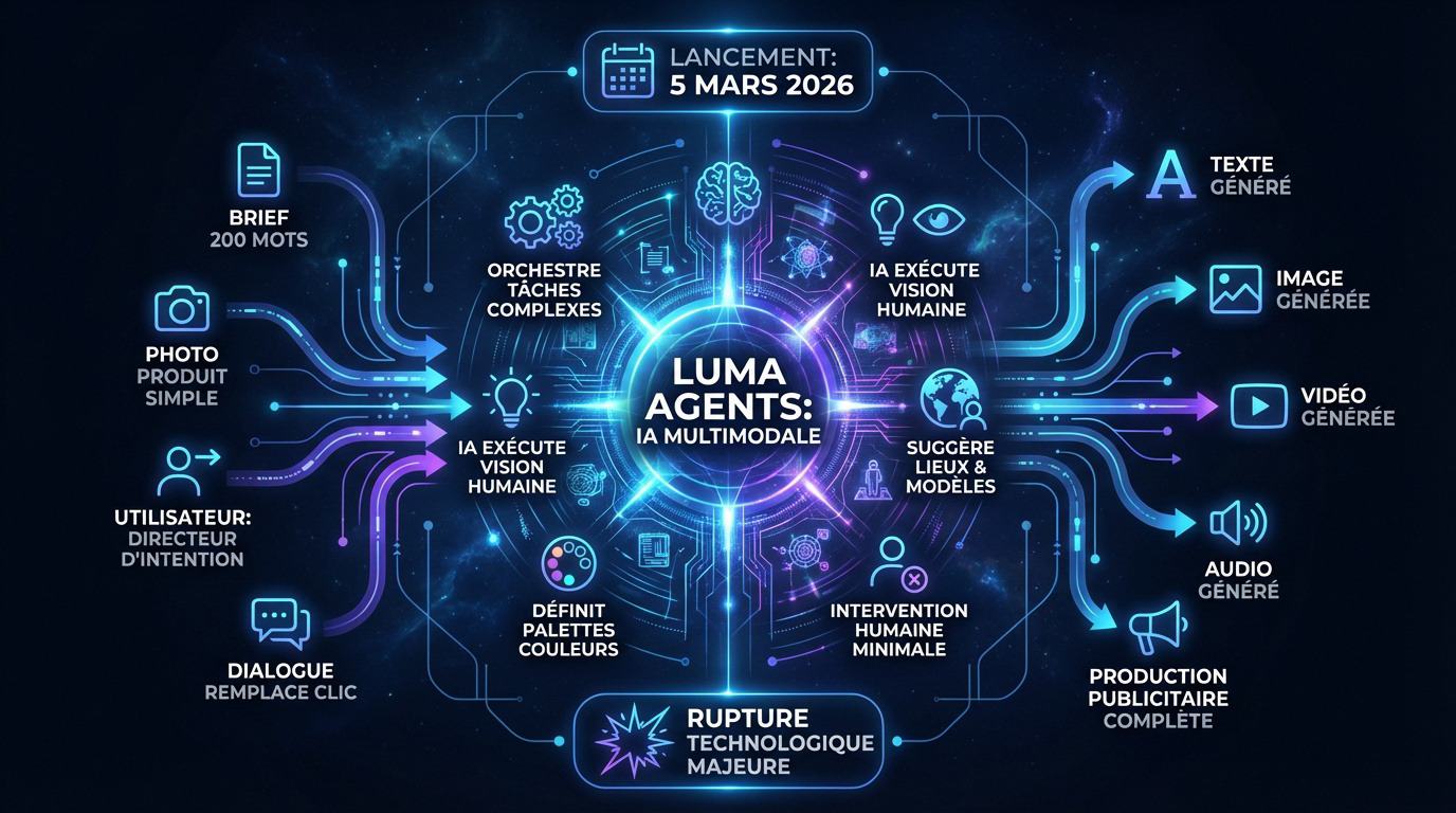 Interface de Luma Agents illustrant la création publicitaire automatisée par intelligence artificielle