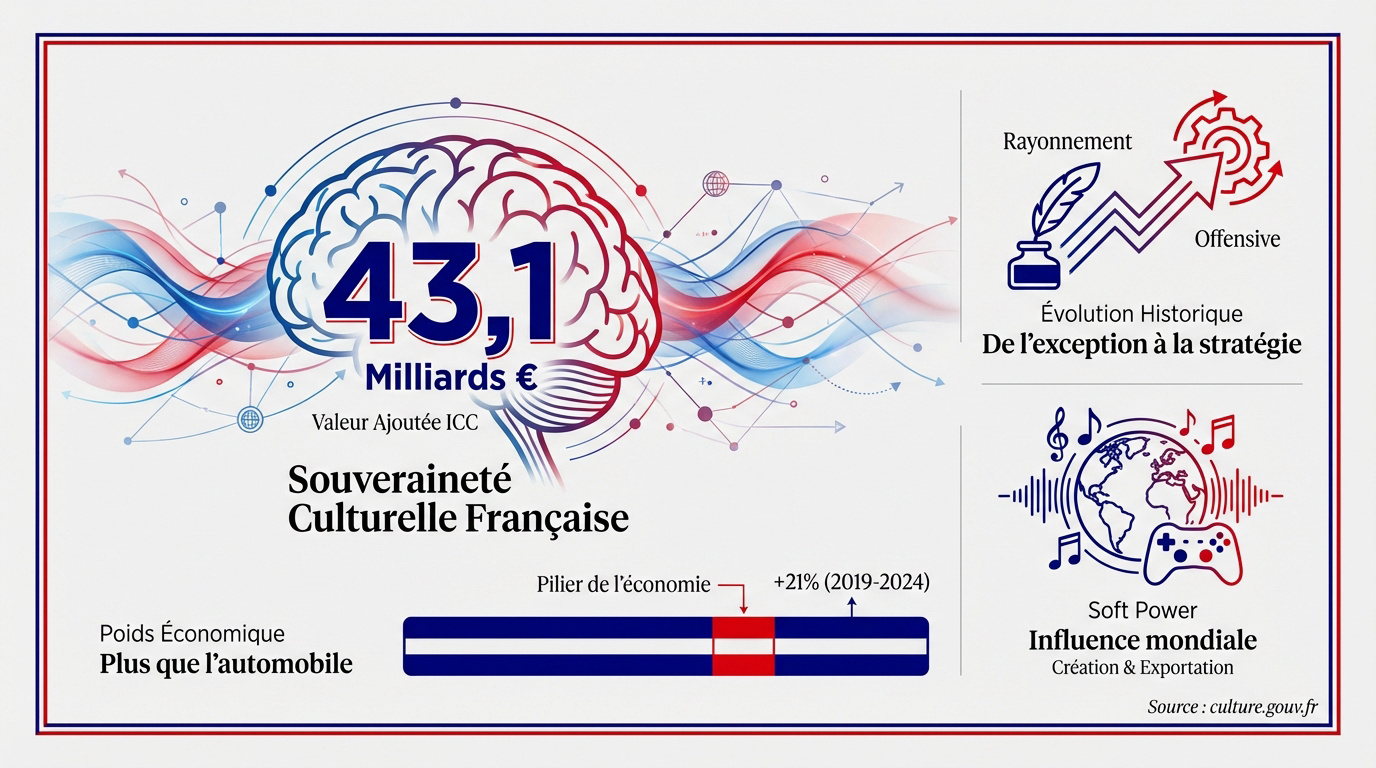 Infographie illustrant le poids économique de 43,1 milliards d'euros des industries culturelles françaises